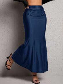 SHEIN PETITE Solid Ruched Waist Mermaid Hem Skirt - Navy Blue - View 5