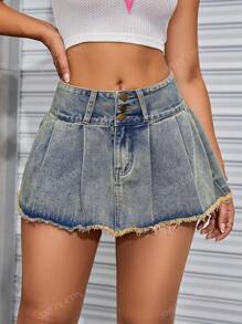 SHEIN ICON Raw Hem Pleated Denim Skirt