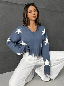 SHEIN Coolane Hình sao Đau khổ Thả vai Áo len - Màu xanh lam - Xem 1