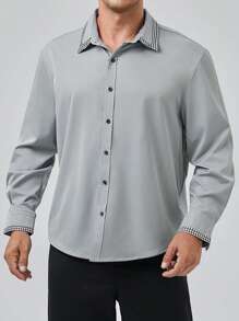 Manfinity Homme Hombres talla grande Camisa ribete de rayas con botón - Gris Oscuro - Ver 1