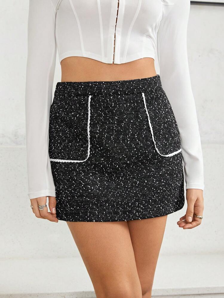 Contrast Binding Dual Pocket Tweed Skirt