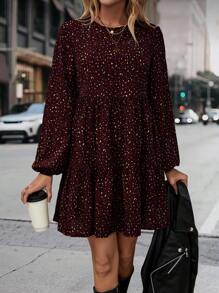 Breezaya 满版印花灯笼袖荷叶边下摆罩衫连衣裙 酒红色度假海滩装 女款 - 酒紅色 - 查看 6