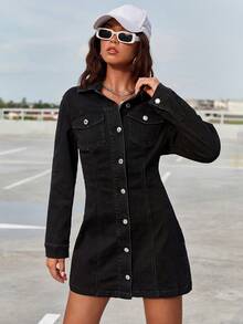 SHEIN EZwear 翻蓋口袋前紐扣牛仔洋裝 - 黑色 - 查看 5