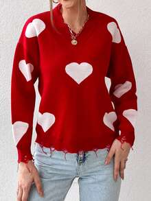 EURMUSE Heart Pattern Drop Shoulder Distressed Trim Sweater - Red - View 4