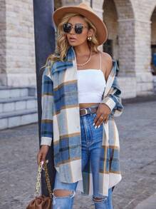 SHEIN LUNE Plaid Print Drop Shoulder Overcoat - Blue - View 1