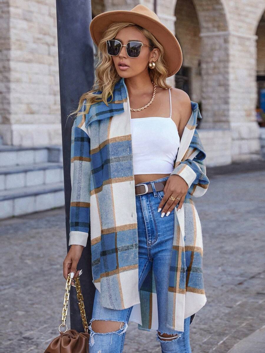 SHEIN LUNE Plaid Print Drop Shoulder Overcoat - Blue - View 1