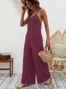 SHEIN VCAY Dual Pocket Wide Leg Cami Jumpsuit - Purple - View 1