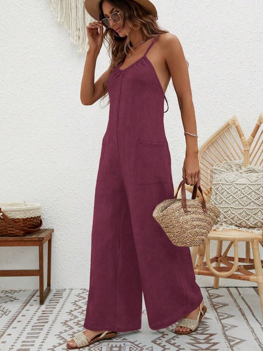 SHEIN VCAY Dual Pocket Wide Leg Cami Jumpsuit - Purple - View 1