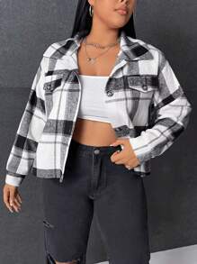 SHEIN EZwear Plus Plaid Print Drop Shoulder Flap Detail Overcoat - Black and White - View 1