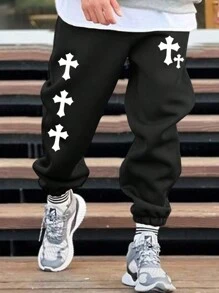 Manfinity EMRG 男士交叉印花腰部抽繩衛褲 - 黑色 - 查看 1