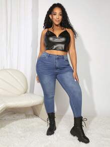 SHEIN CURVE+ Plus Solid PU Leather Cami Top - Black - View 4