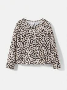 SHEIN 幼童女孩針織貓紋圓領t恤與豹紋拼接t恤2+1套裝 - 彩色 - 查看 5
