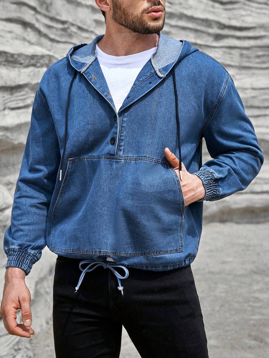 Manfinity Homme 男士半扣領連帽夾克,超大碼版型,束口設計的牛仔外套 - 中等水洗藍 - 查看 1