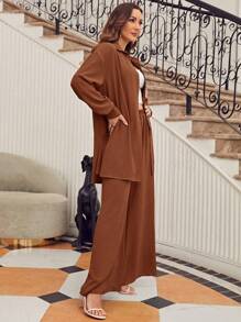 SHEIN Frenchy Drop Shoulder Button Front Shirt & Wide Leg Pants Winter Brown Spring Casual - Brown - View 4