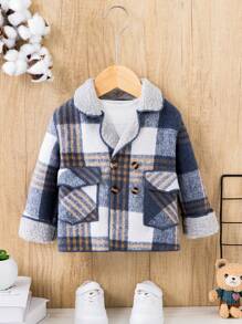 男嬰羊絨領口雙排釦毛絨內襯格紋花呢外套 - 彩色 - 查看 1