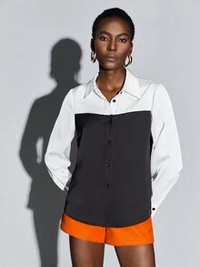 Maija 雙色前紐扣襯衫 - 黑與白 - 查看 5