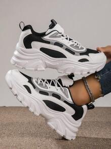 女士運動鞋,黑白拼接,春秋時尚透氣、萬能款厚底鞋 - 黑與白 - 查看 3