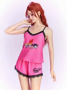The Powerpuff Girls | ROMWE Đồ họa Hoạt hình Ren tương phản Bộ Áo Cami & Quần shorts PJ - Hồng - Xem 5