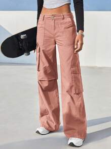 SHEIN EZwear 翻蓋口袋工裝褲 - 粉色 - 查看 2