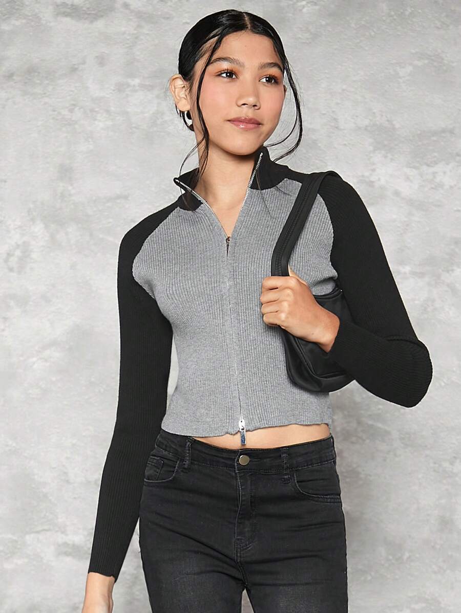 Teen Girl Two Tone Raglan Sleeve Zip Up Crop Cardigan
