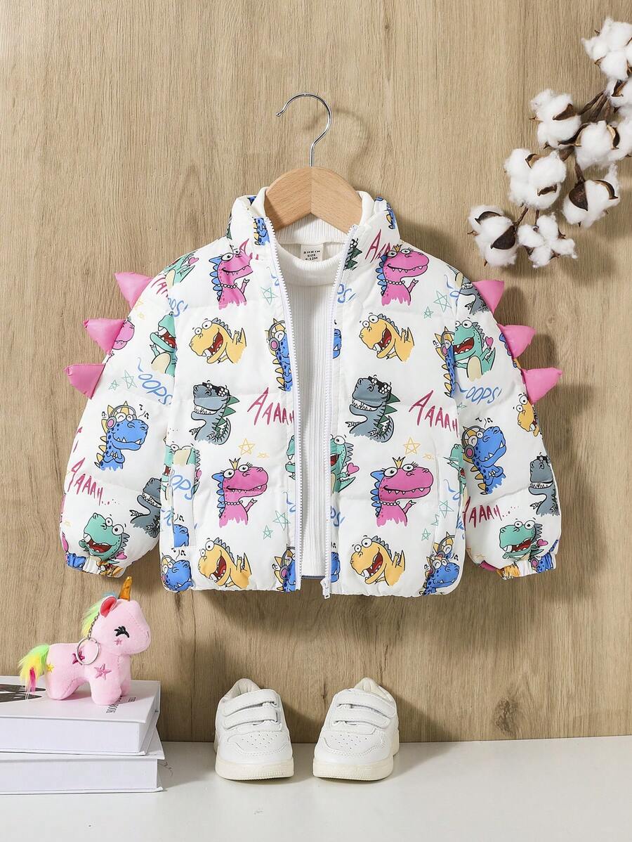 SHEIN Baby Girl 1pc Letter & Dinosaur Print Zipper Padded Coat - White - View 1