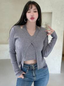 DAZY Ribbed Knit Halter Knit Top & Cardigan Fall - Grey - View 9