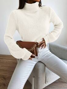 SHEIN Essnce 高領條紋針織套頭毛衣 - 白色 - 查看 1