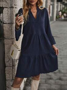 Breezaya 缺口領荷葉邊娃娃裙 - 藏蓝色 - 查看 1