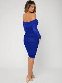SHEIN SXY Off Shoulder Ruched Mesh Bodycon Dress - Royal Blue - View 2