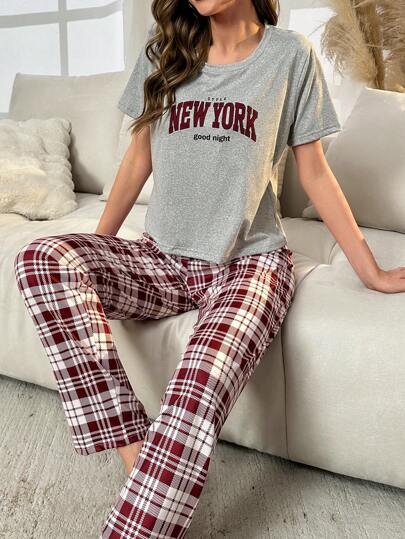 Letter Graphic Tee Plaid Print Pants PJ Set Pajama view 4