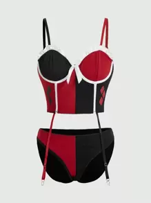 Harley Quinn | ROMWE Colorblock Frill Trim Garter Bustier Set Lingerie - Black - View 5