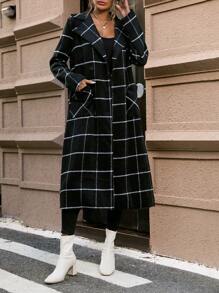 SHEIN Unity Plaid Print Belted Overcoat - Black - View 3