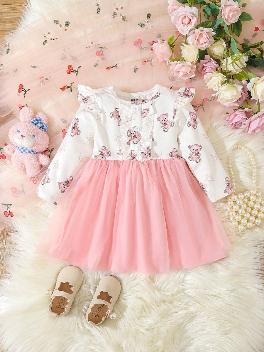 Đứa bé gái In Gấu Viền Ruffle Lưới Hem Đầm - Nhiều màu - Xem 1