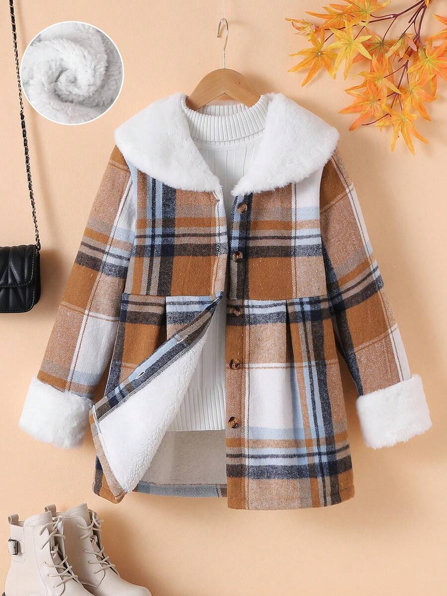 SHEIN Cô gái Tween In kẻ sọc Cổ áo Borg Lót nhiệt Áo khoác - Nhiều màu - Xem 1