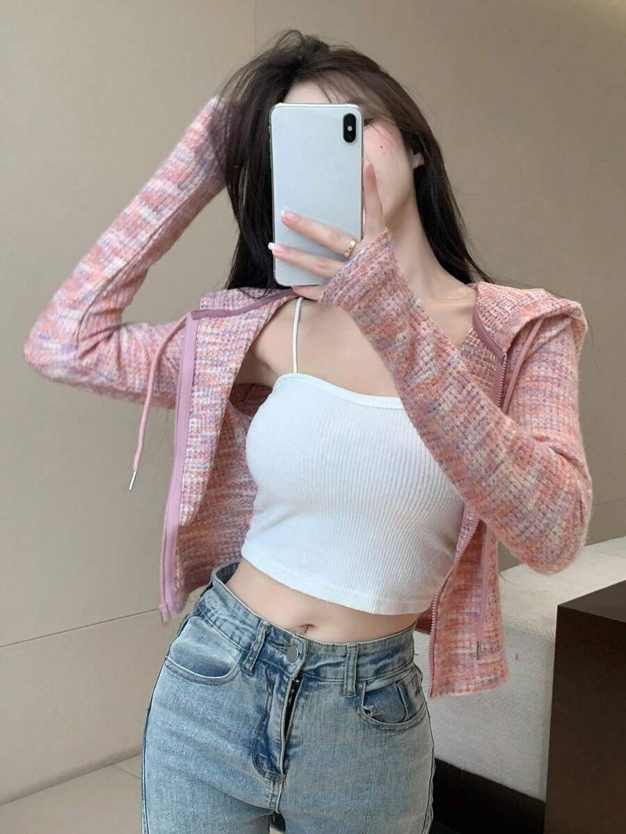 DAZY 太空染色拉链抽绳连帽短款卫衣，秋季服装外套 - 粉色 - 查看 1