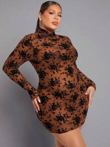 SHEIN SXY Vestido Bodycon De Cuello Alto Y Malla Con Estampado Floral Y Flocado, Atuendo Sexy Para Mujeres En El Club O En Fiestas De Año Nuevo