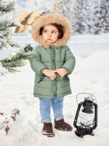 SHEIN Baby Girl Flap Detail Fuzzy Trim Hooded Padded Coat - Mint Green - View 3
