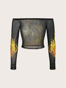 SHEIN ICON Đồ họa rồng Trung Quốc Off Shoulder Lưới Áo - màu xanh lá - Xem 2