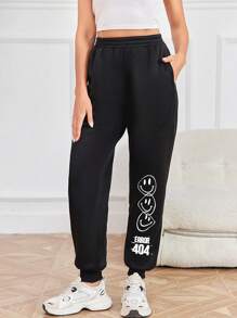 SHEIN EZwear 卡通和字母圖案彈性腰帶衛褲 - 黑色 - 查看 1