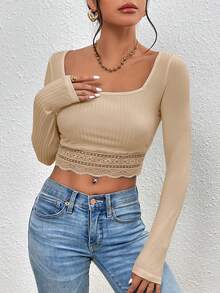 SHEIN Frenchy Cổ vuông Trang trí ren Áo phông Crop - Màu be - Xem 5