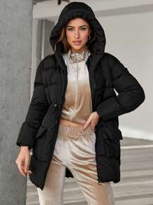 SHEIN Cottnline Flap Pocket Hooded Puffer Coat - Black - View 5