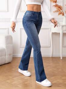 SHEIN Essnce Butterfly Embroidery Flare Leg Jeans - Medium Wash - View 5