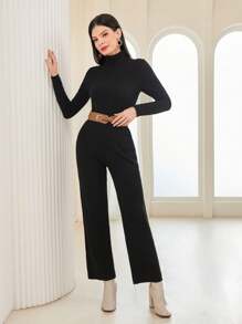 Modelyn Conjunto de 2 piezas de suéter de cuello alto y pantalones de punto sin cinturón