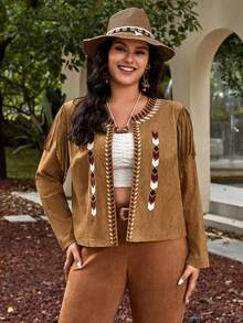 SHEIN VCAY 大碼刺繡幾何圖案流蘇邊開門襟夾克 - 棕色 - 查看 6