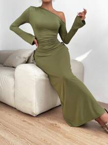 Allurite Asymmetrical Neck Drawstring Side Ruched Split Sleeve Bodycon Dress
