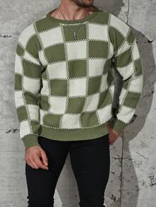 Manfinity Homme Men Plus Checker Pattern Drop Shoulder Sweater - Green - View 3