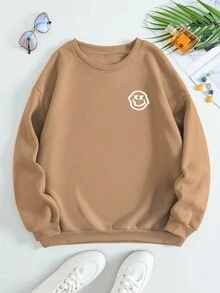 SHEIN EZwear Plus Slogan Graphic Thermal Lined Sweatshirt - Khaki - View 2