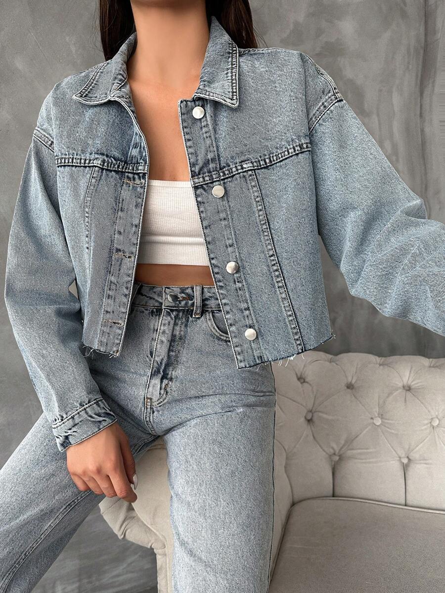 SHEIN Cottnline Drop Shoulder Crop Denim Jacket - Medium Wash - View 1