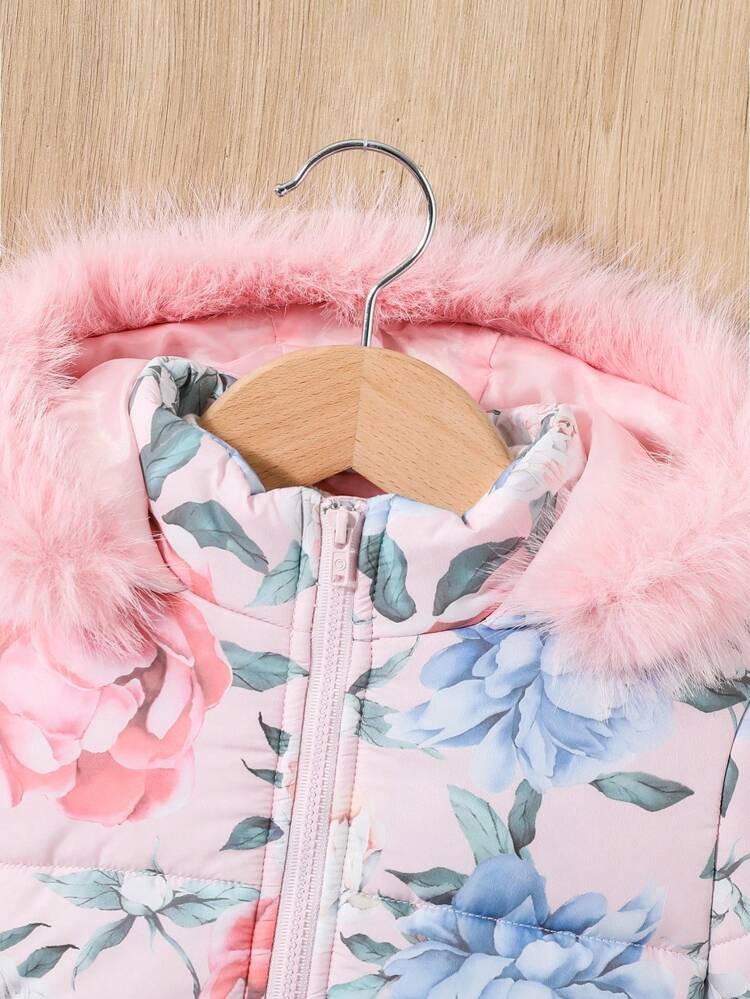 Baby Girl Allover Floral Print Fuzzy Trim Hooded Padded Coat