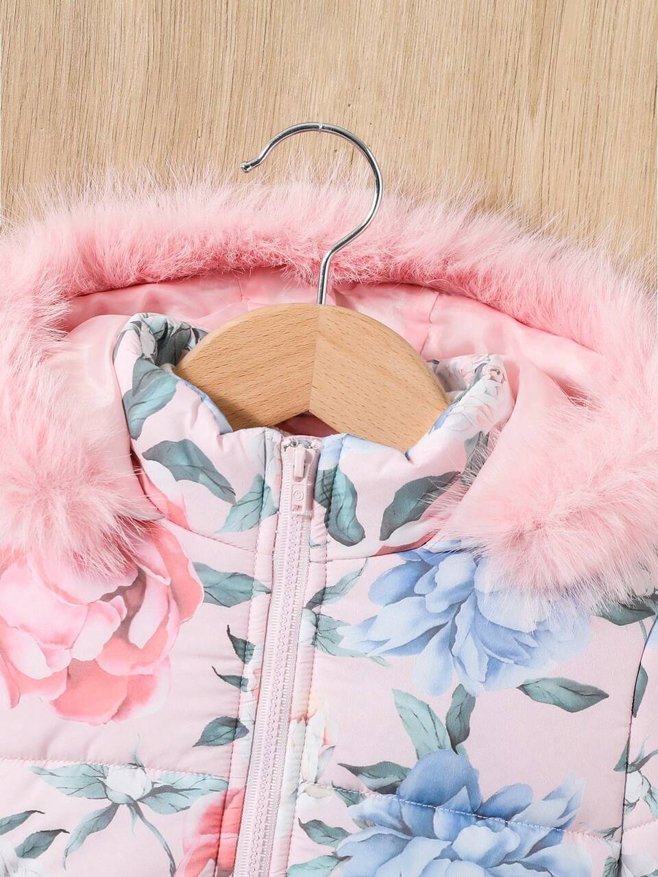 Baby Girl Allover Floral Print Fuzzy Trim Hooded Padded Coat